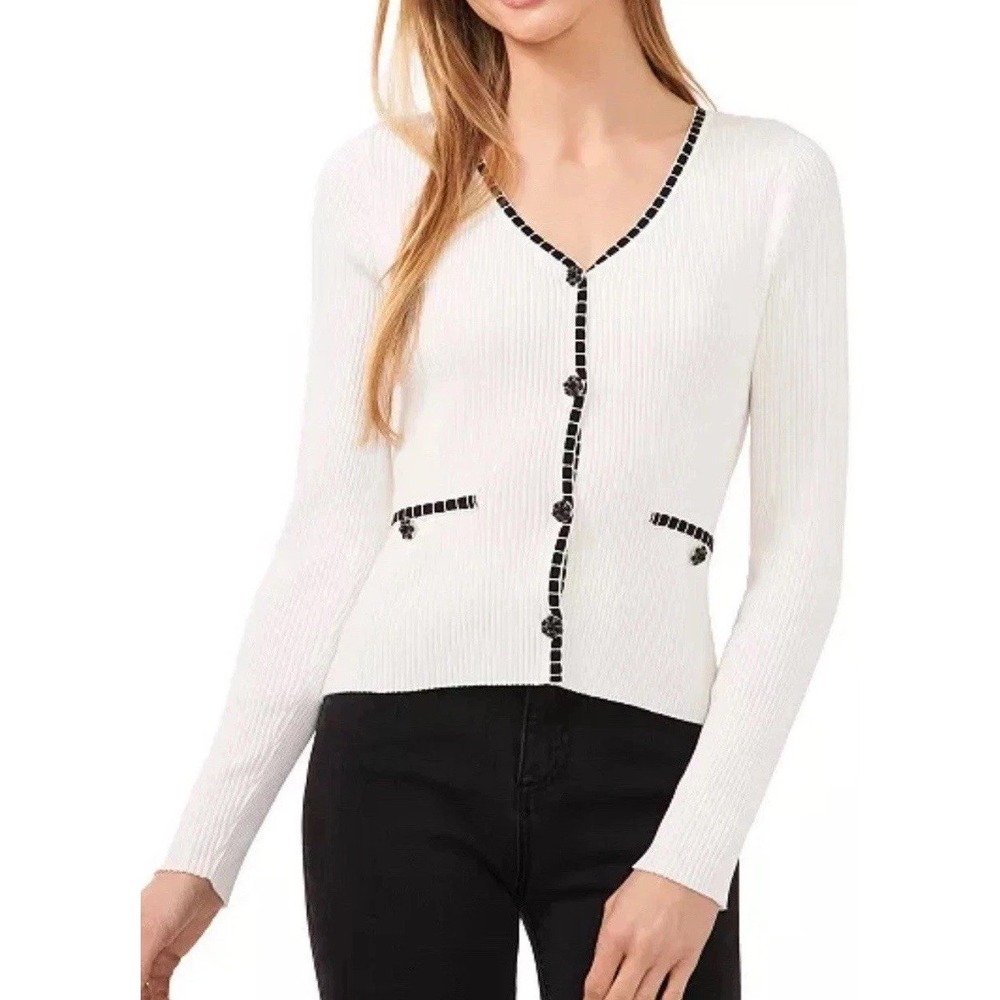New Cece Women's Cream Cardigan Ribbed Black‎ Beaded Button Fits L
